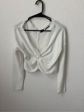 Out From Under Twist-Front White Waffle Knit Long-Sleeve Top, Medium